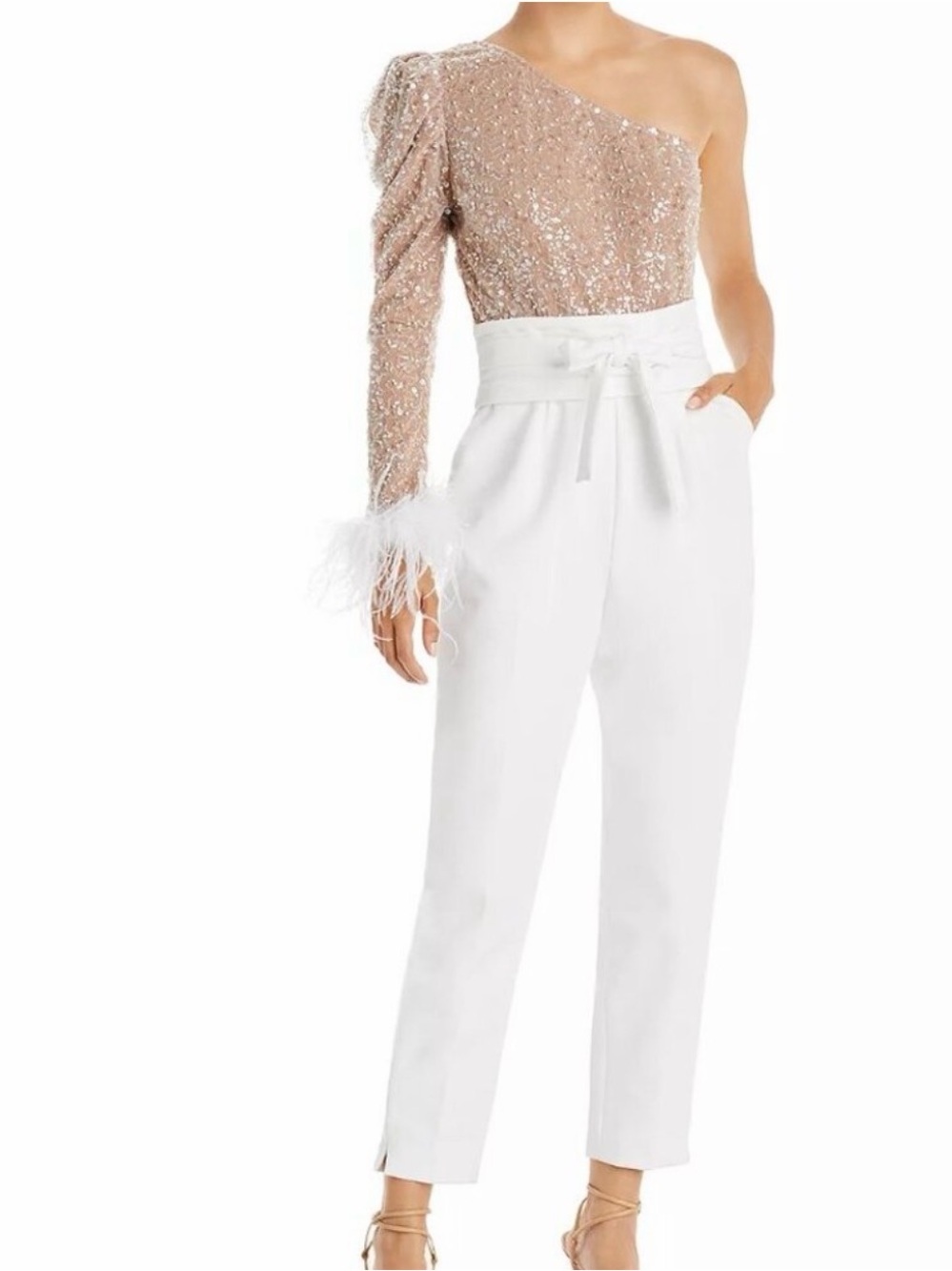 One-Shoulder Sequin and Feather Detail Jumpsuit Pants - White & Champagne